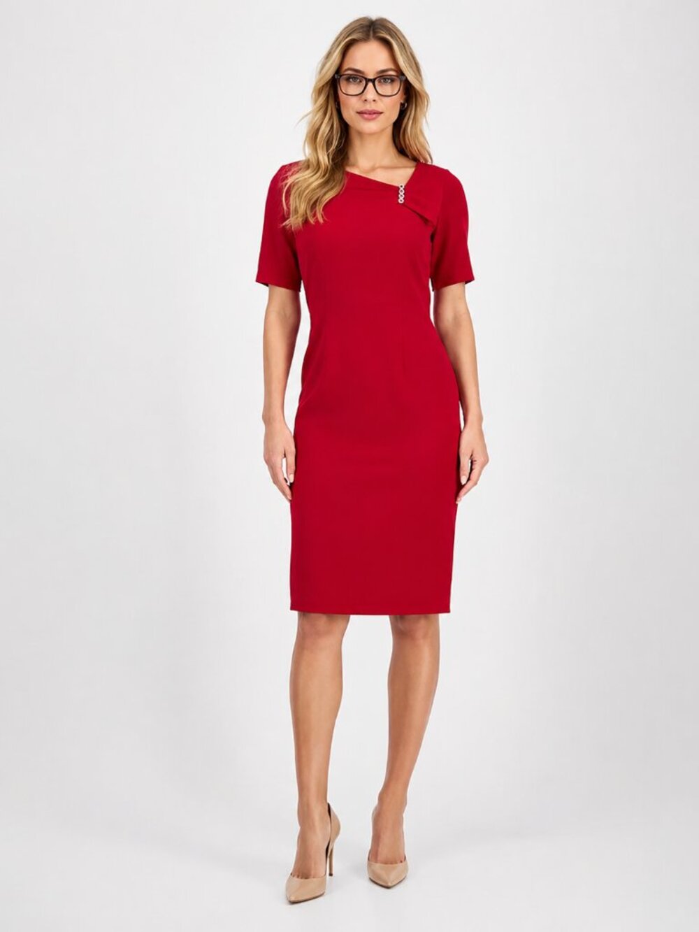 Kasper Petite Stretch Crepe Elbow-Sleeve Embellished Dress